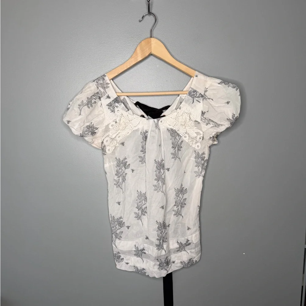 Anthropologie x Leifsdottir Tie Back Puff Sleeve Sheer Floral Bee Print Blouse